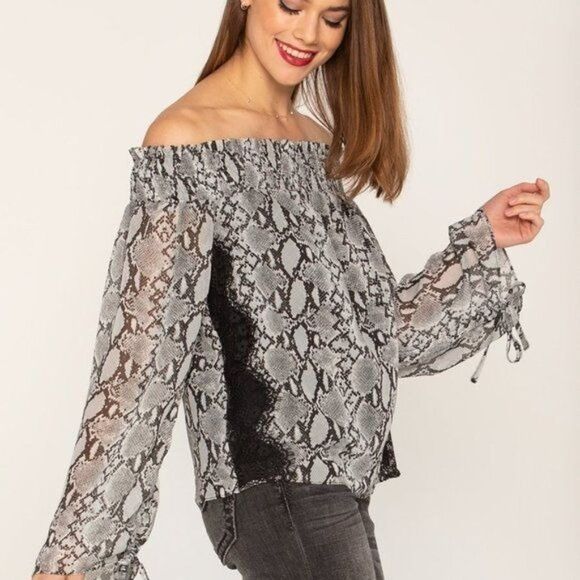 Miss Me Tops - Miss Me Sweet Love Off Shoulder Long Sleeve Snake Skin Print Lace Top Small